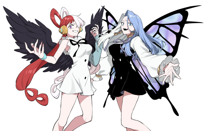2girls, aneco_(westsea1227), black_wings, breasts, butterfly_wings, commission, crazy_eyes, dress