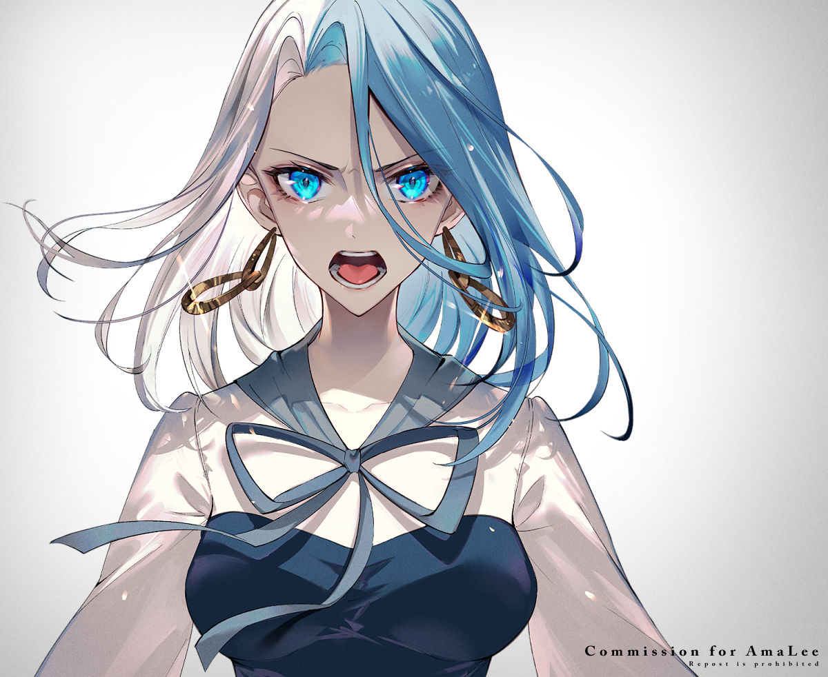 1girl, angry, blue_eyes, blue_hair, blue_ribbon, breasts, commission, dangle_earrings