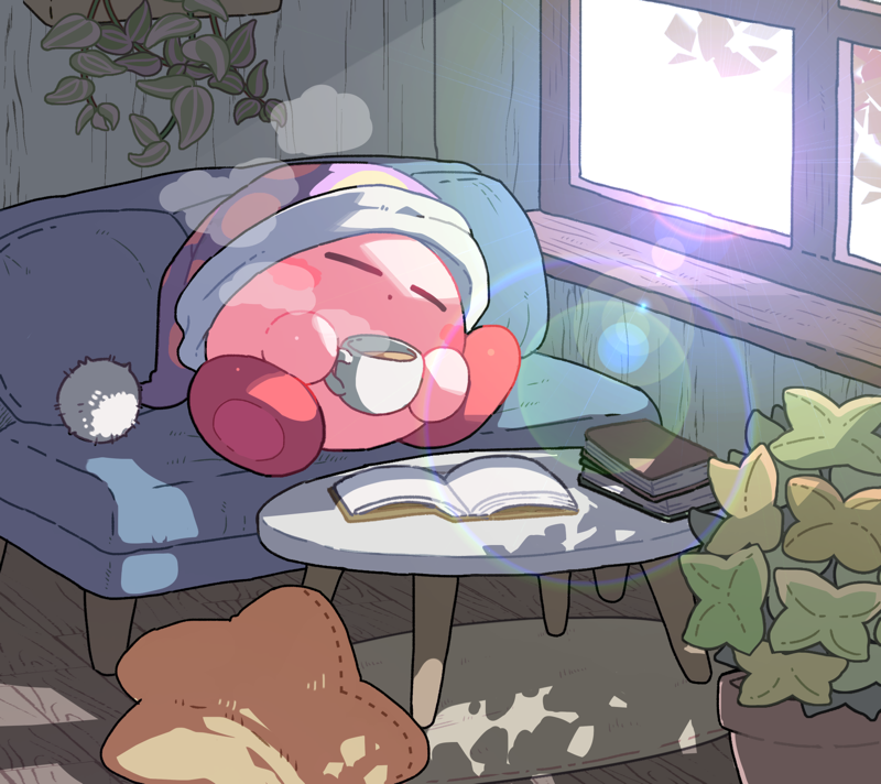 :o, blush, blush_stickers, book, book_stack, closed_eyes, closed_mouth, coffee, coffee_mug, couch, cup, full_body, hat, holding, holding_cup, indoors, kirby, kirby_(series), lens_flare, light_rays, morning, mug, mutekyan, nightcap, no_humans, on_couch, open_book, pillow, plant, pom_pom_(clothes), potted_plant, purple_headwear, red_footwear, rug, shoes, sleeping, star_pillow, steam, sunlight, table, window, wooden_floor