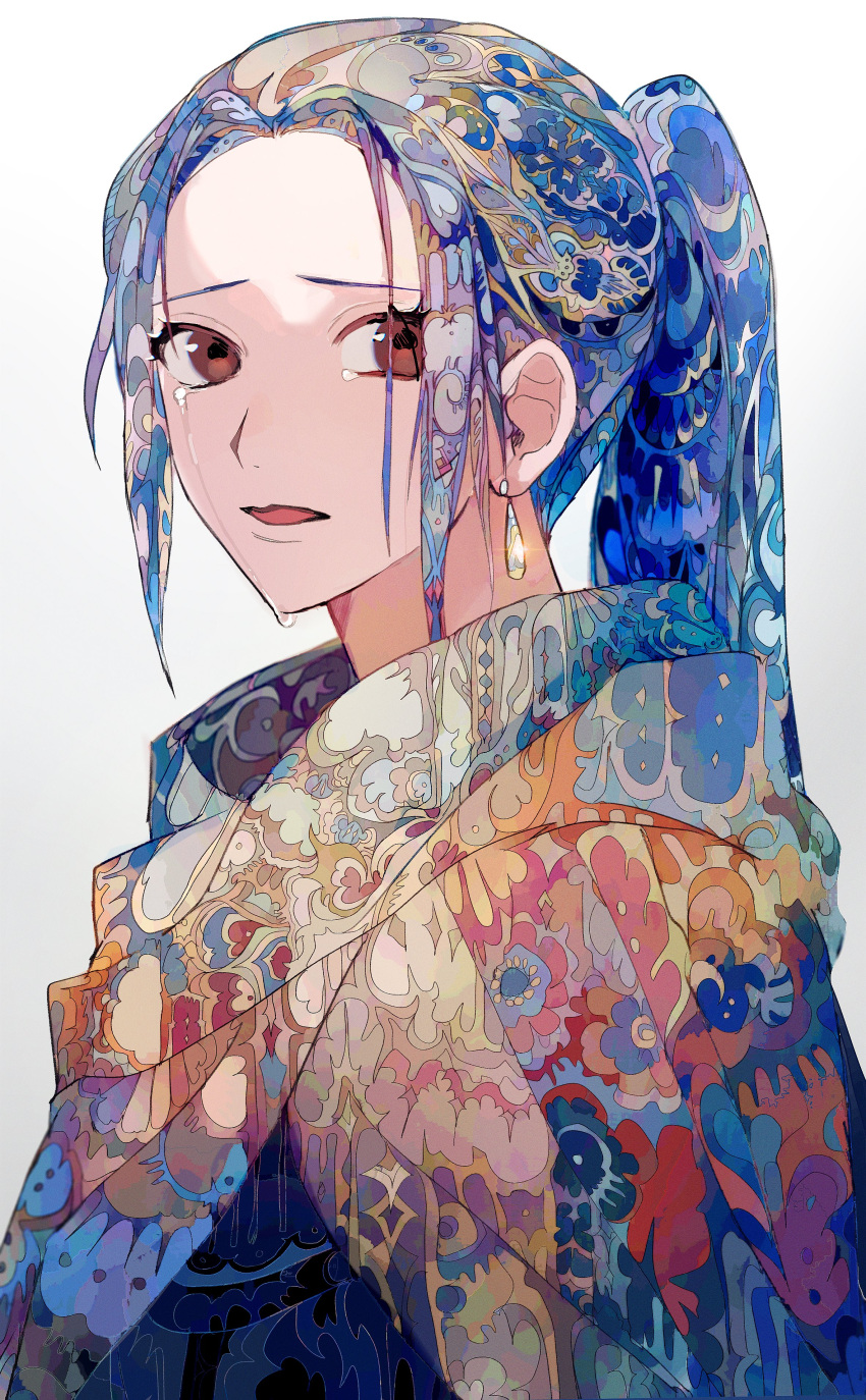 1girl, absurdres, bangs, brown_eyes, cape, crying, crying_with_eyes_open, drop_earrings