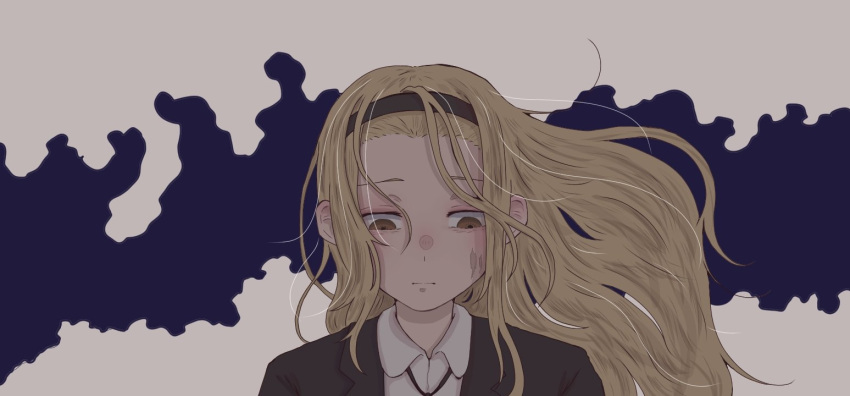 1girl, blonde_hair, brown_eyes, hairband, hoshizuki_shin, kirarazaka_marina, long_hair, messy_hair