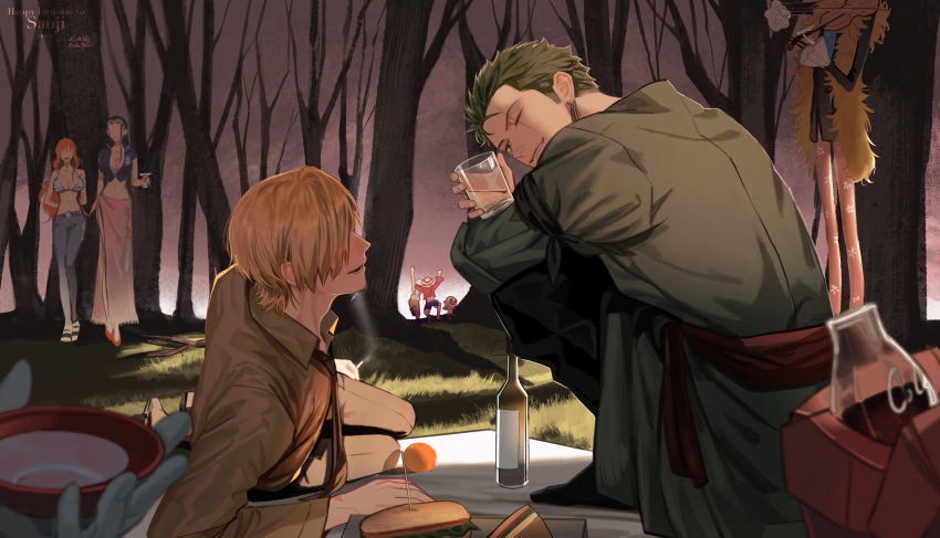 2girls, 6+boys, absurdres, blonde_hair, bottle, brook_(one_piece), collared_shirt, cup