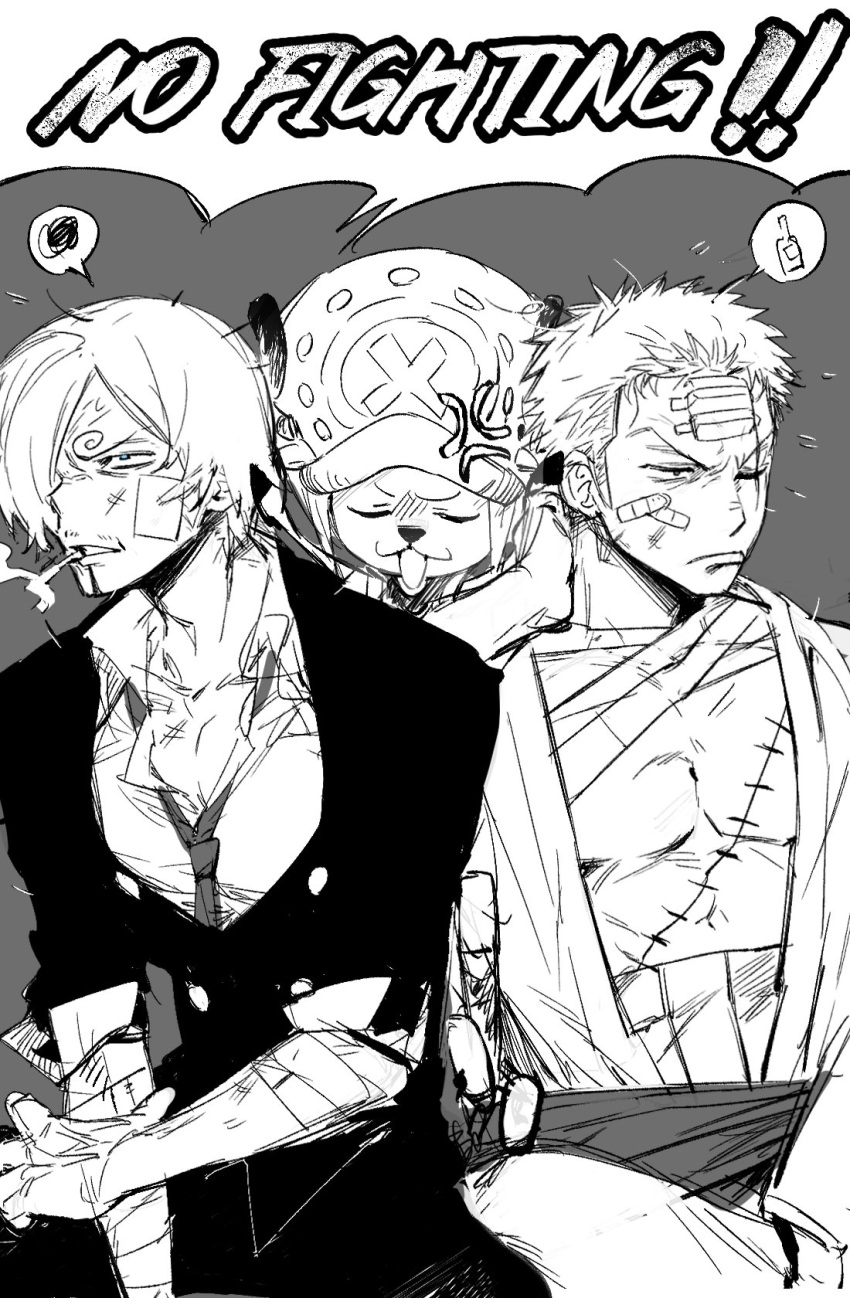 3boys, anger_vein, annoyed, bandage_over_one_eye, blonde_hair, bruise, collared_shirt, curly_eyebrows