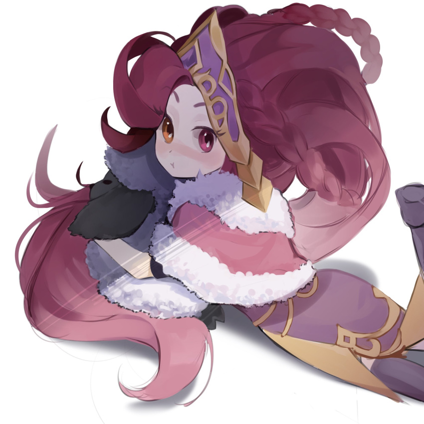 1girl, asymmetrical_bangs, bangs, braid, brown_eyes, capelet, dress, foot_up, fur-trimmed_capelet, fur_trim, hair_ornament, heterochromia, highres, league_of_legends, long_hair, lying, on_stomach, pink_capelet, pink_dress, pink_eyes, pout, redhead, simple_background, solo, teuchinso_joi, white_background, winterblessed_zoe, zoe_(league_of_legends)