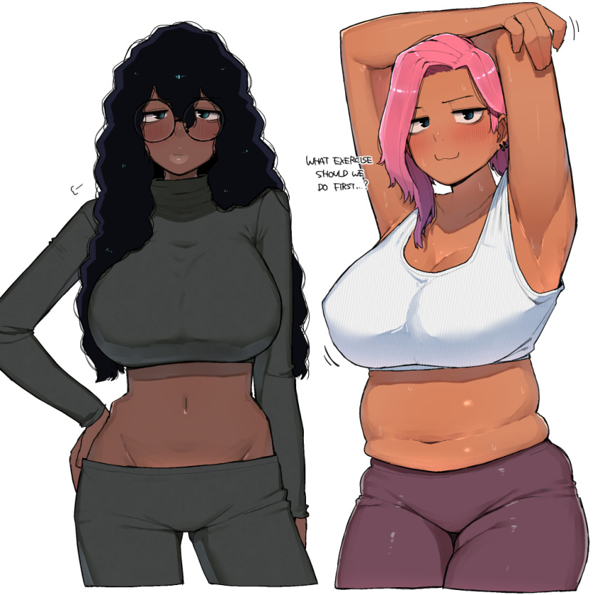 2girls, armpits, black_hair, blue_eyes, blush, broccoli_(ohasi), crop_top, dark-skinned_female, dark_skin, english_text, glasses, long_hair, looking_at_viewer, midriff, multiple_girls, navel, ohasi, original, pink_(ohasi), pink_hair, plump, short_hair, simple_background, sleeveless, stretching, sweat, turtleneck, very_dark_skin, very_long_hair, white_background