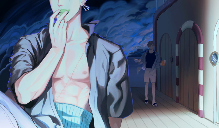 2boys, abs, alternate_costume, bare_pectorals, beer_mug, black_tank_top, blonde_hair, collared_shirt