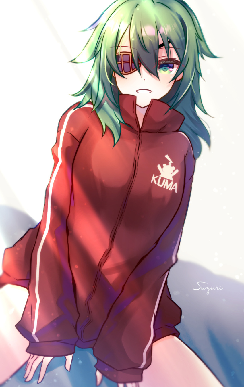 1girl, breasts, brown_jacket, eyepatch, green_eyes, green_hair, highres, jacket, kantai_collection, kiso_(kancolle), kiso_kai_ni_(kancolle), long_sleeves, looking_at_viewer, medium_breasts, medium_hair, official_alternate_costume, solo, suzuaki_(angelic-sh), track_jacket