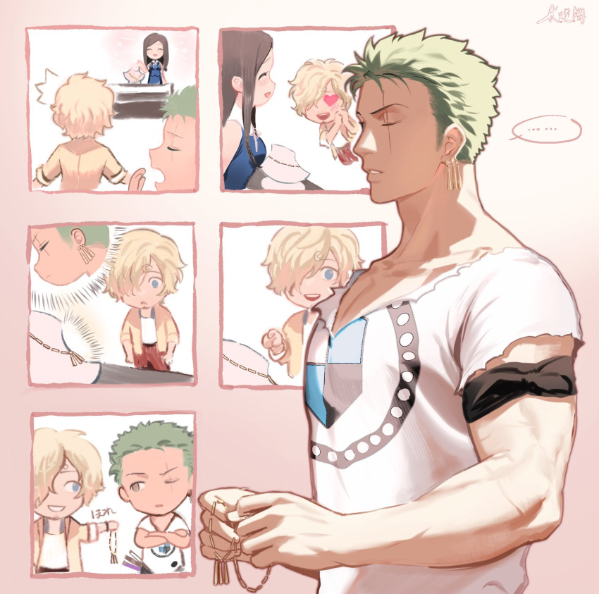 1girl, 2boys, bandana, biceps, blonde_hair, borrowed_garments, chibi, collared_shirt