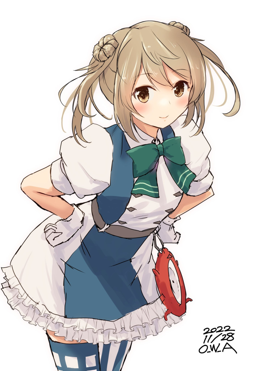 1girl, belt, blue_dress, blue_thighhighs, bow, bowtie, checkered_apron, checkered_clothes