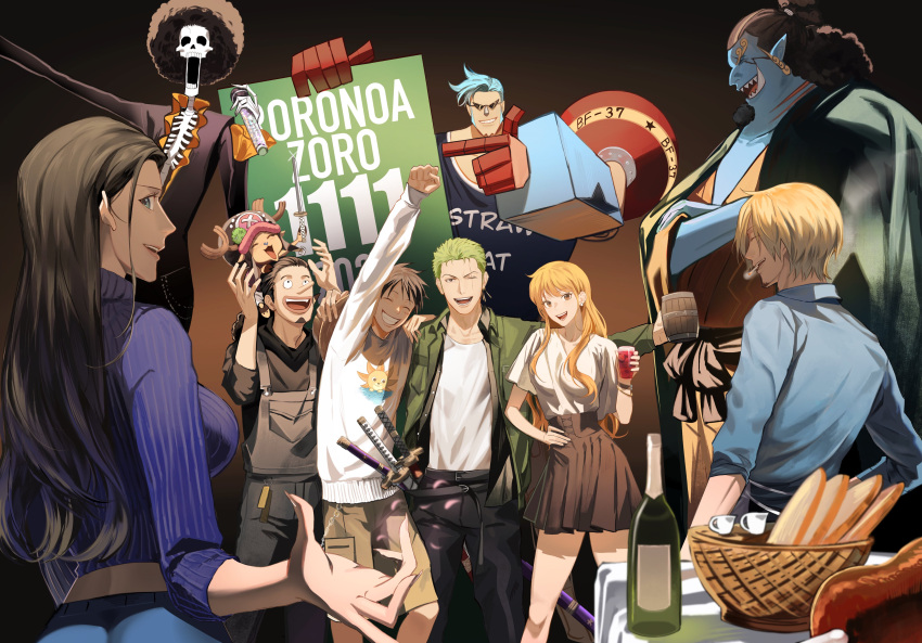 2girls, 6+boys, absurdres, alternate_costume, birthday, blonde_hair, brook_(one_piece), casual