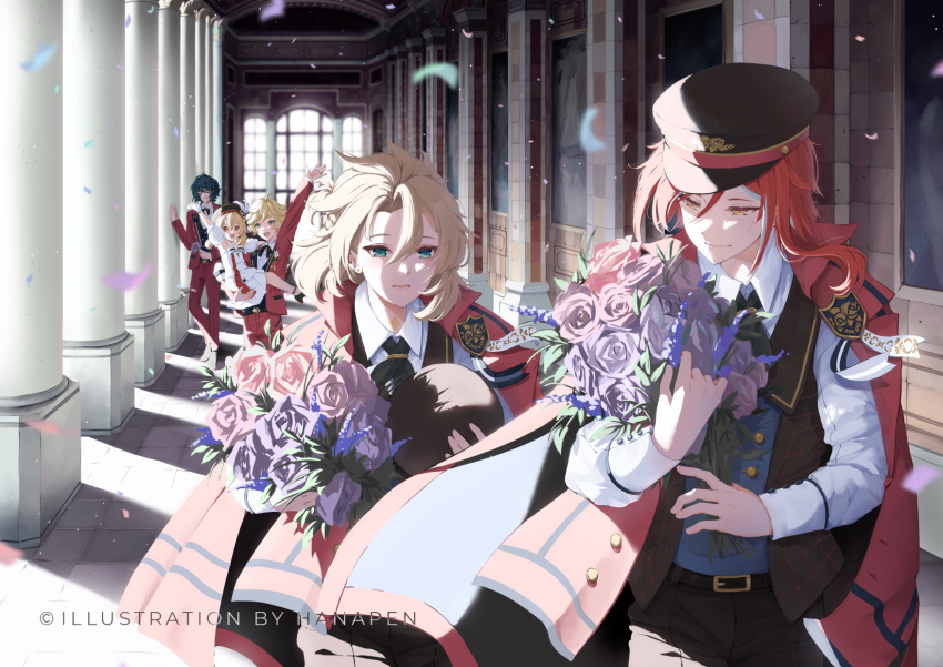 1girl, 4boys, albedo_(genshin_impact), aoba_tsumugi, blonde_hair, blue_eyes, blue_hair, crossover, ensemble_stars!, genshin_impact, hanapen, harukawa_sora, highres, klee_(genshin_impact), multicolored_hair, multiple_boys, red_eyes, redhead, sakasaki_natsume, short_hair, white_hair, yellow_eyes