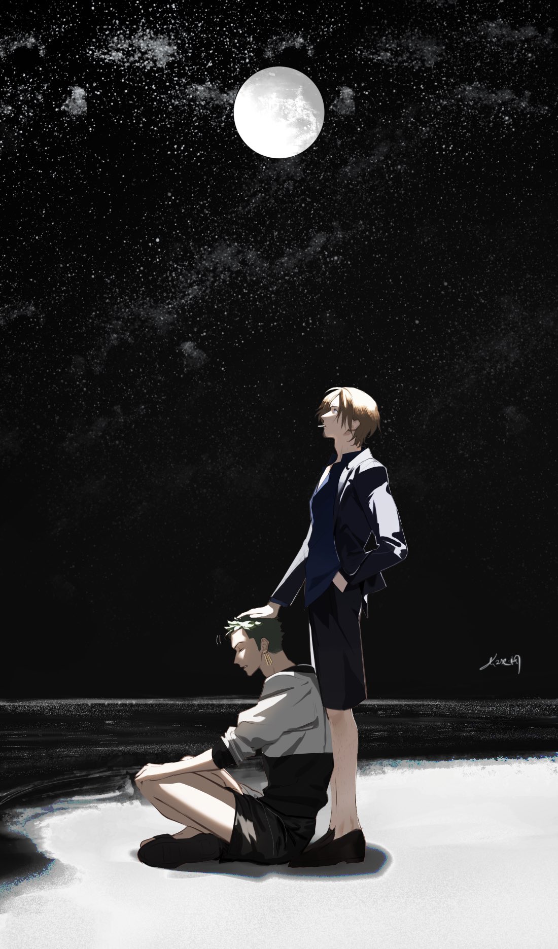 2boys, alternate_costume, beach, black_shorts, blonde_hair, collared_shirt, curly_eyebrows, facial_hair