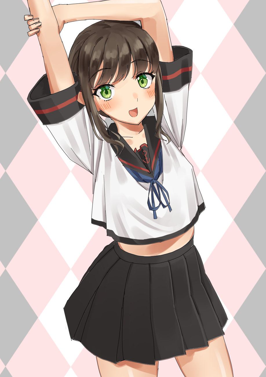 1girl, anchor_symbol, argyle, argyle_background, black_hair, black_sailor_collar, black_skirt, blush