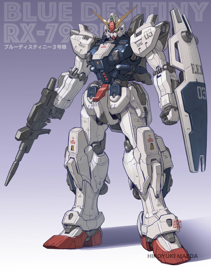 absurdres, artist_name, beam_rifle, blue_destiny_03, character_name, clenched_hand, commentary_request, energy_gun