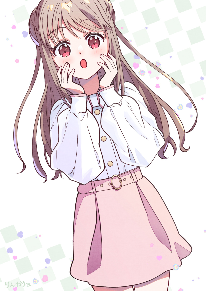 1boy, bangs, belt, belt_buckle, blush, brown_hair, buckle, buttons