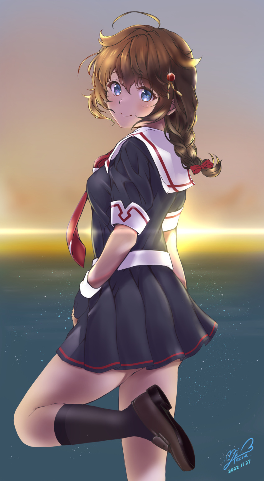 1girl, ahoge, black_serafuku, black_shirt, black_skirt, black_socks, blue_eyes, braid