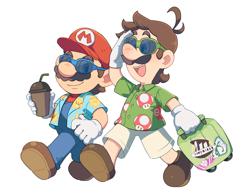2boys, antenna_hair, blue-framed_eyewear, blue_eyes, blue_pants, brothers, brown_footwear, brown_hair