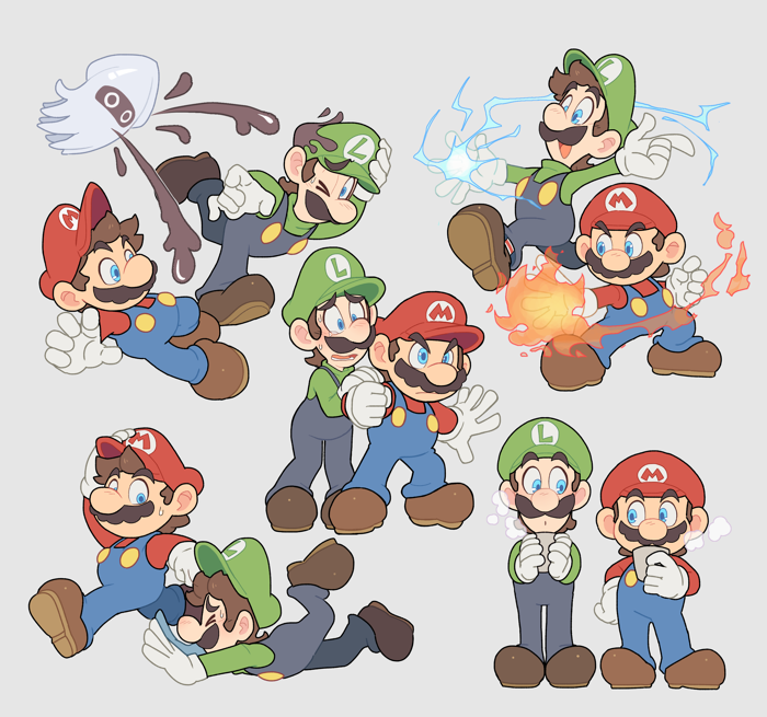 2boys, :d, angry, blooper_(mario), blue_eyes, blue_pants, brothers, brown_footwear