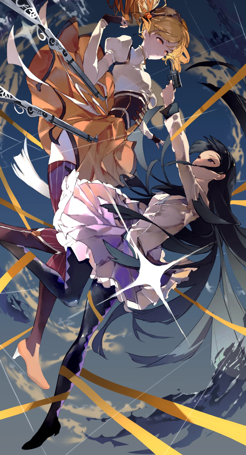 2girls, absurdres, akemi_homura, argyle, argyle_legwear, beret, black_hair, black_pantyhose, blonde_hair, boots, breasts, brown_footwear, brown_gloves, brown_headwear, brown_thighhighs, charu_(mmg_g99), closed_mouth, corset, detached_sleeves, drill_hair, fingerless_gloves, frilled_skirt, frills, gloves, gun, hand_up, handgun, hat, highres, holding, holding_weapon, knee_boots, long_hair, long_sleeves, magical_girl, magical_musket, mahou_shoujo_madoka_magica, medium_breasts, multiple_girls, pantyhose, puffy_short_sleeves, puffy_sleeves, purple_skirt, shirt, short_sleeves, skirt, striped, striped_thighhighs, thigh-highs, tomoe_mami, twin_drills, vertical-striped_thighhighs, vertical_stripes, violet_eyes, weapon, white_shirt, yellow_skirt, zettai_ryouiki