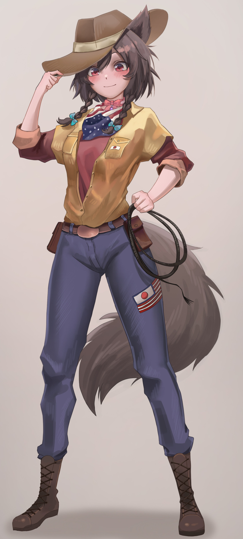 1girl, absurdres, american_flag, animal_ears, bangs, belt, black_hair, black_tail, blue_bow, blue_pants, blush, boots, bow, bowtie, braid, breasts, brown_belt, brown_footwear, brown_headwear, closed_mouth, commentary, commission, cosplay, english_commentary, full_body, grey_background, hair_between_eyes, hair_bow, hand_on_headwear, hand_up, hat, highres, holding, holding_whip, japanese_flag, la_mulana_2, long_hair, looking_at_viewer, lumisa_kosugi, lumisa_kosugi_(cosplay), meowrim0, neckerchief, open_clothes, open_shirt, original, pants, red_bow, red_eyes, red_shirt, shirt, simple_background, sleeves_past_elbows, small_breasts, smile, solo, twin_braids, yellow_shirt