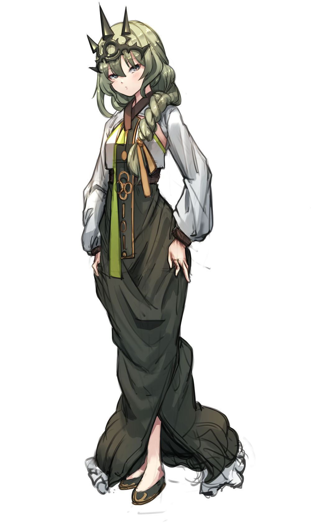braid, breasts, cream_bread, dress, green_dress, green_eyes, green_hair, hair_over_shoulder