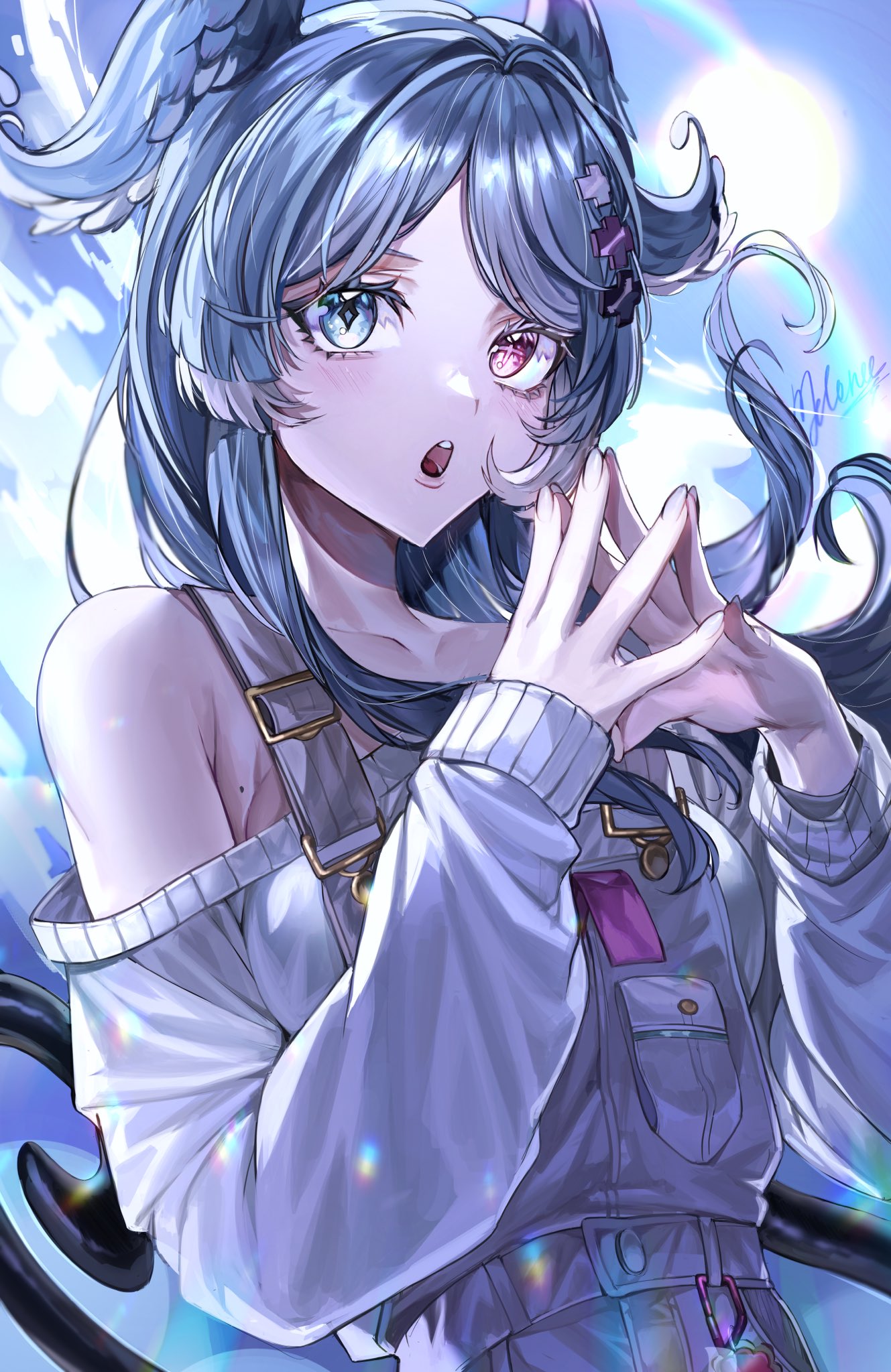 1girl, aqua_eyes, armpit_crease, blue_hair, collarbone, elira_pendora, hair_ornament, hairclip, head_wings, highres, long_hair, mellowone, mole, mole_on_armpit, nijisanji, nijisanji_en, off_shoulder, open_mouth, overalls, pink_eyes, solo, sweater, upper_body, virtual_youtuber