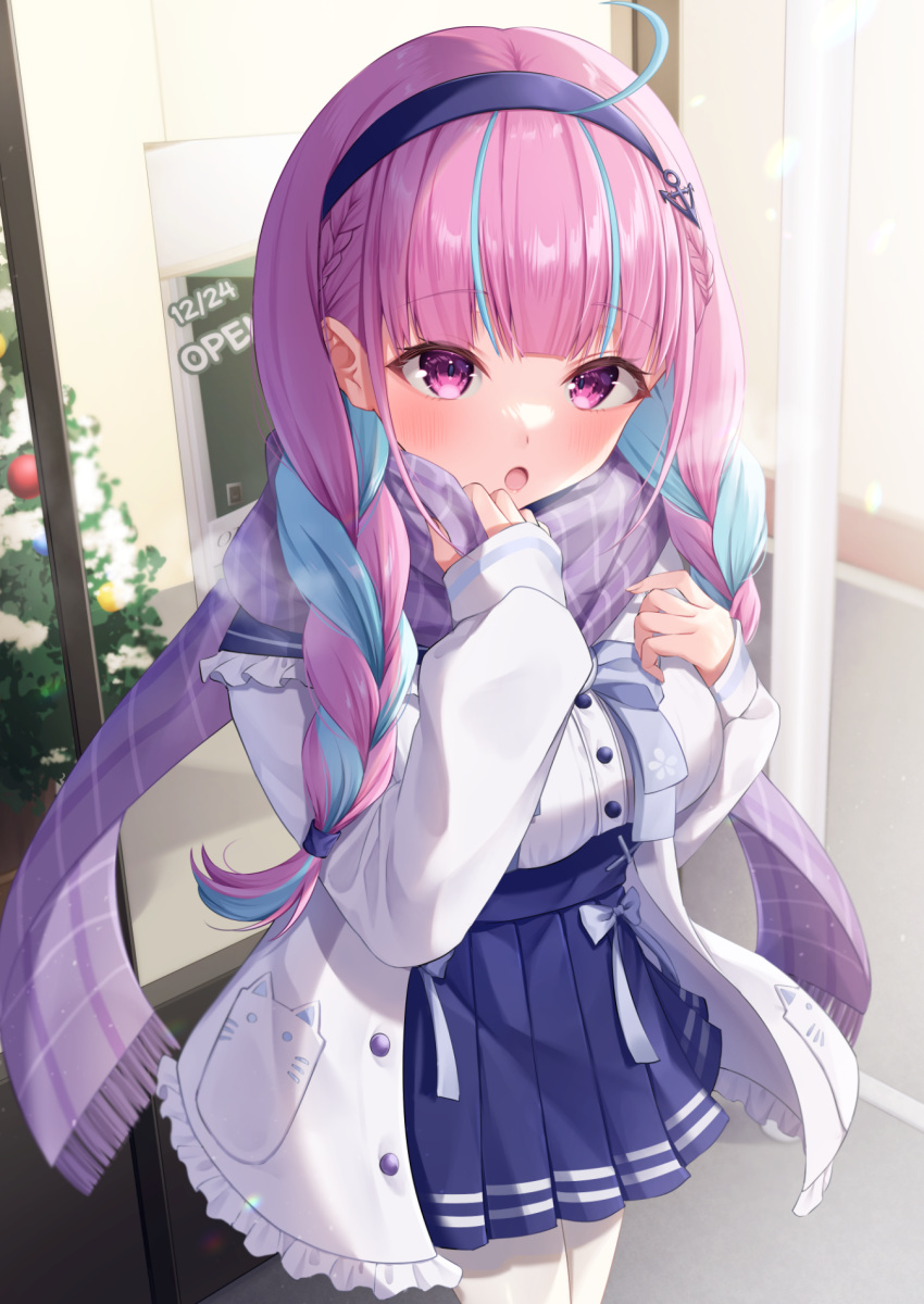 1girl, ahoge, anchor_hair_ornament, anchor_symbol, bangs, blue_hair, blue_hairband, blue_skirt