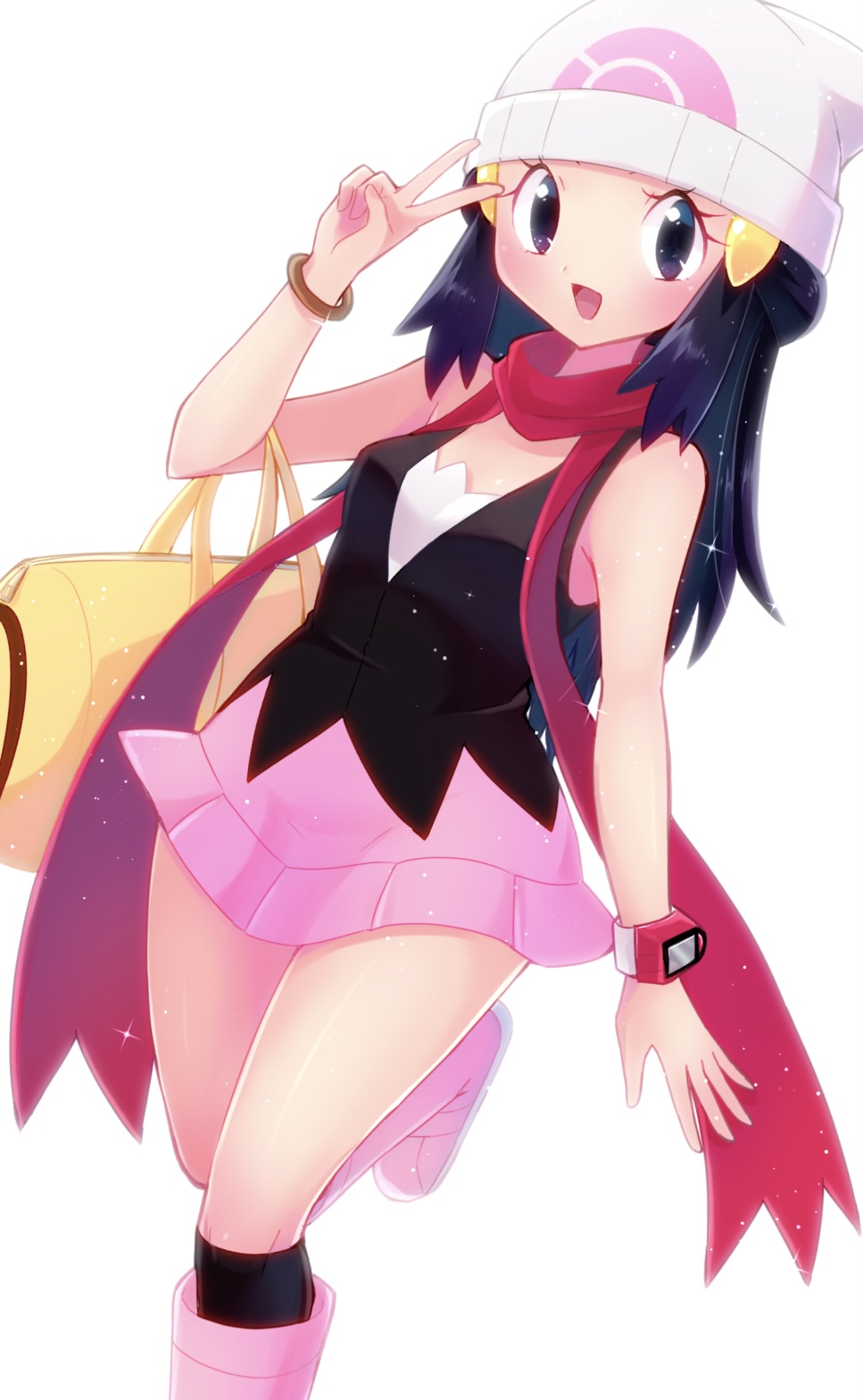 1girl, :d, bare_arms, black_eyes, black_hair, black_shirt, black_socks, blush, boots, bracelet, breasts, hat, highres, hikari_(pokemon), jewelry, knee_boots, long_hair, miniskirt, open_mouth, pink_footwear, pink_skirt, poke_ball_print, pokemon, pokemon_(game), pokemon_dppt, print_headwear, sawarabi_(sawarabi725), shiny, shiny_hair, shirt, skirt, sleeveless, sleeveless_shirt, small_breasts, smile, socks, solo, sparkle, standing, standing_on_one_leg, v, white_headwear