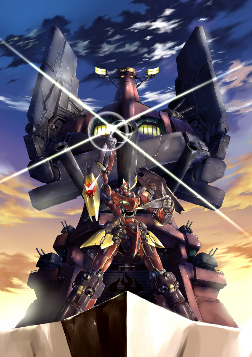 cannon, dai-gurren, epic, gurren-lagann, highres, kamina_pose, kamina_shades, lens_flare