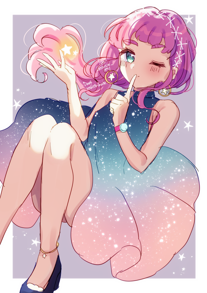 1girl, anklet, bare_arms, bare_legs, blue_dress, blue_eyes, blush, border