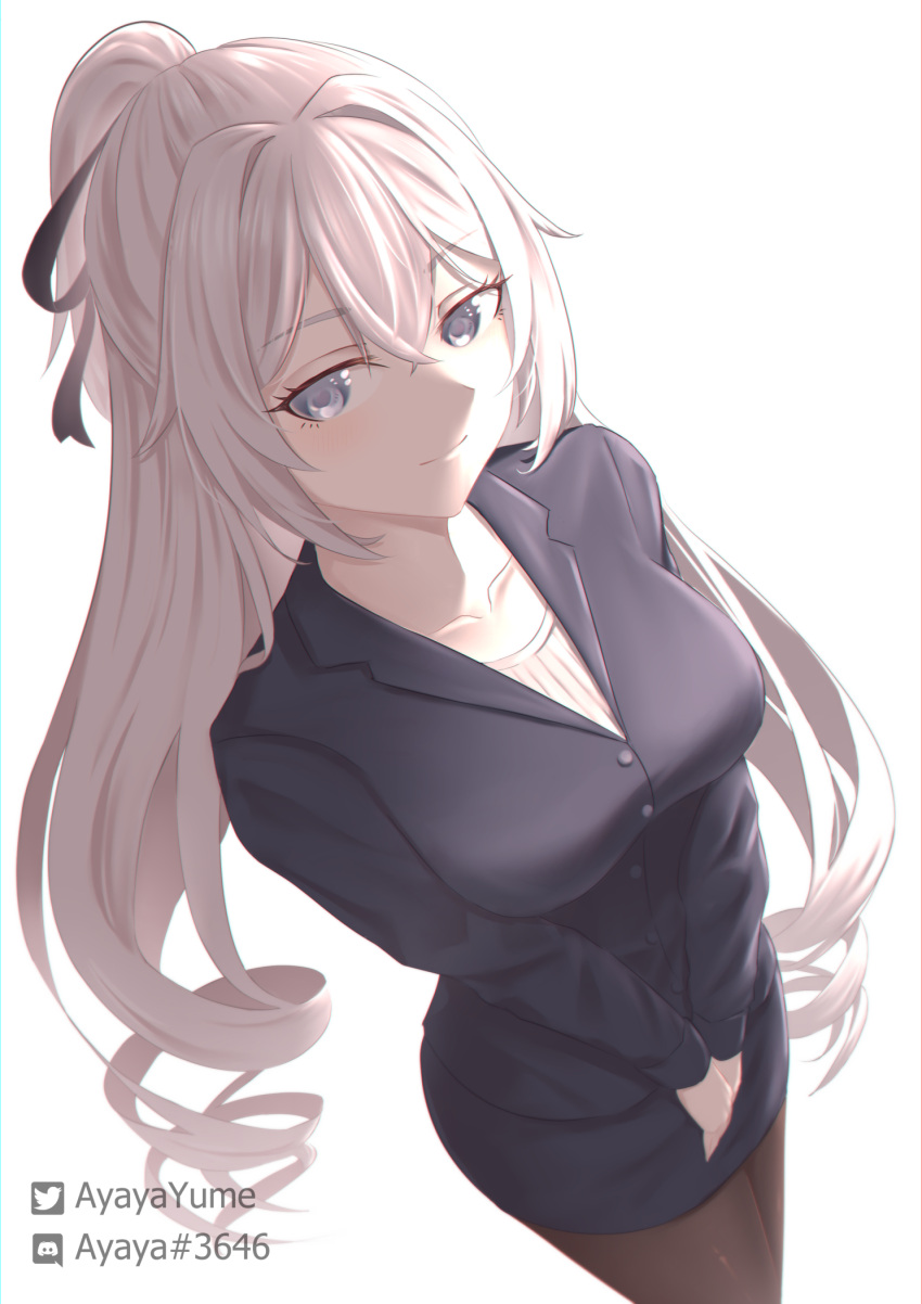1girl, bangs, black_pantyhose, black_ribbon, bronya_zaychik, closed_mouth, collarbone, cowboy_shot