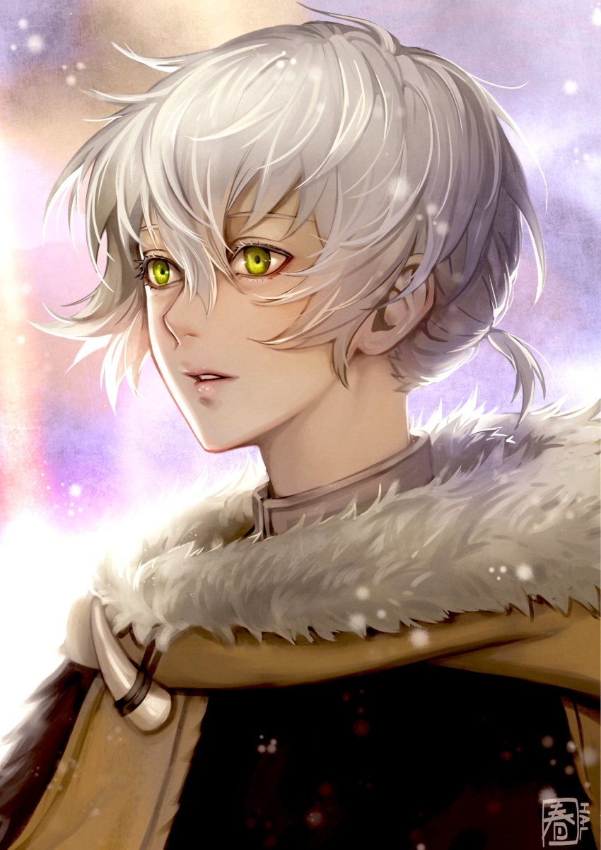 1boy, cloak, fumetsu_no_anata_e, fur_collar, hair_between_eyes, halu-ca, highres, looking_to_the_side