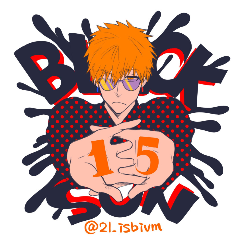 1boy, 21_isbivm, bleach, brown_eyes, copyright_name, earrings, highres, interlocked_fingers