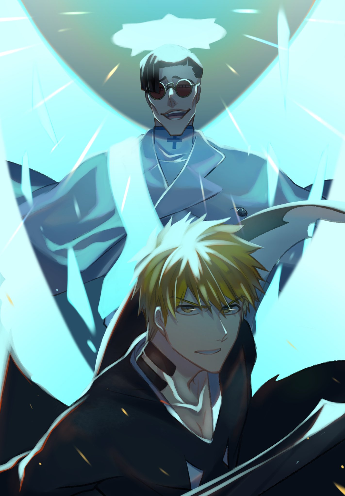 21_isbivm, 2boys, black_hair, bleach, bleach:_the_thousand-year_blood_war, collarbone, cross, halo