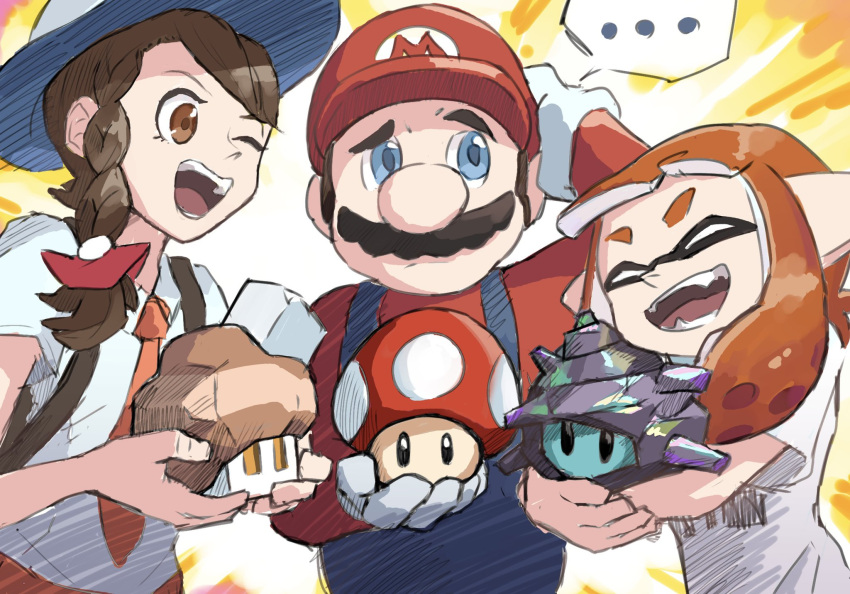 ..., 1boy, 2girls, blue_eyes, braid, brown_eyes, brown_hair, facial_hair