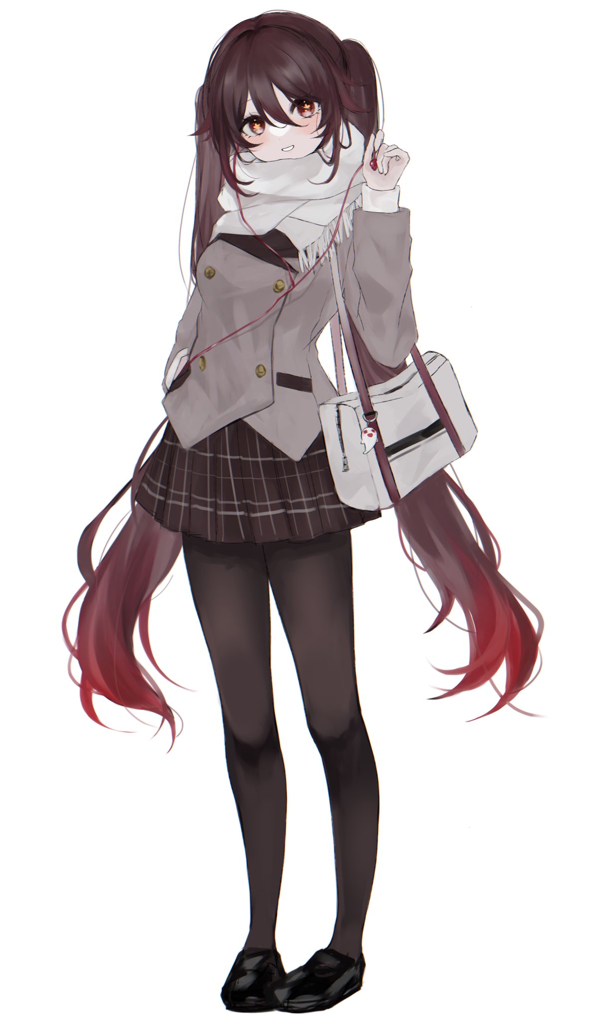 1girl, bag, bangs, black_footwear, brown_hair, genshin_impact, highres, hu_tao_(genshin_impact)