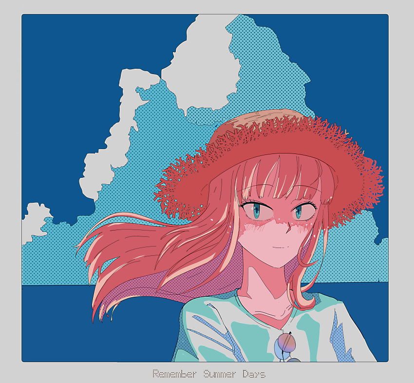 1girl, 5_rebbeccas, absurdres, aqua_eyes, aqua_shirt, blue_sky, blush, border