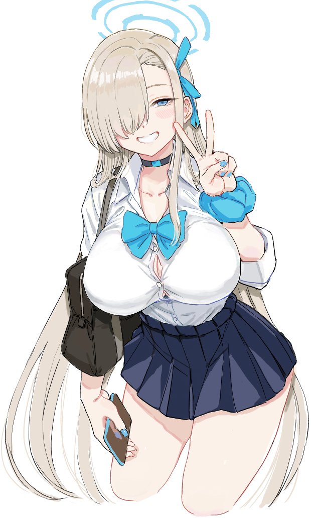 1girl, asuna_(blue_archive), blonde_hair, blue_archive, hair_over, halo, smile, solo, sukeroku_(treeee)