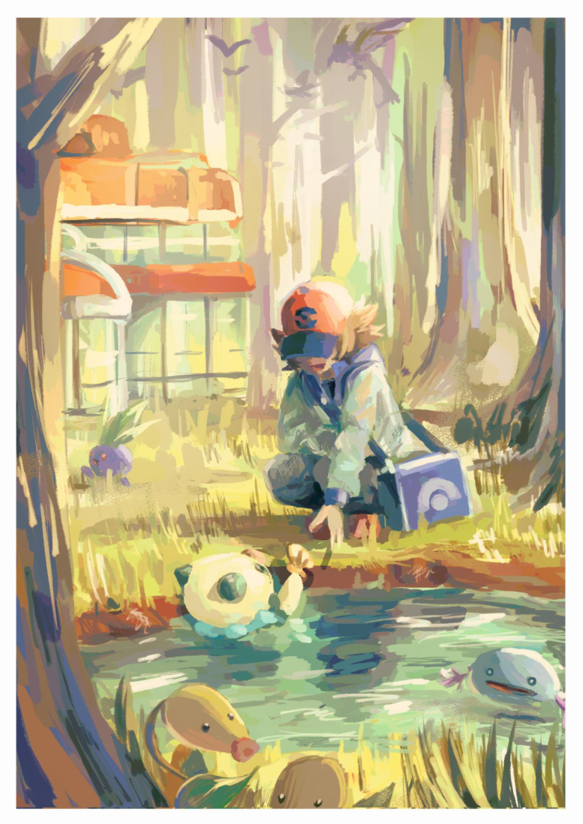 1boy, bag, baseball_cap, bellsprout, blue_bag, border, brown_hair, building