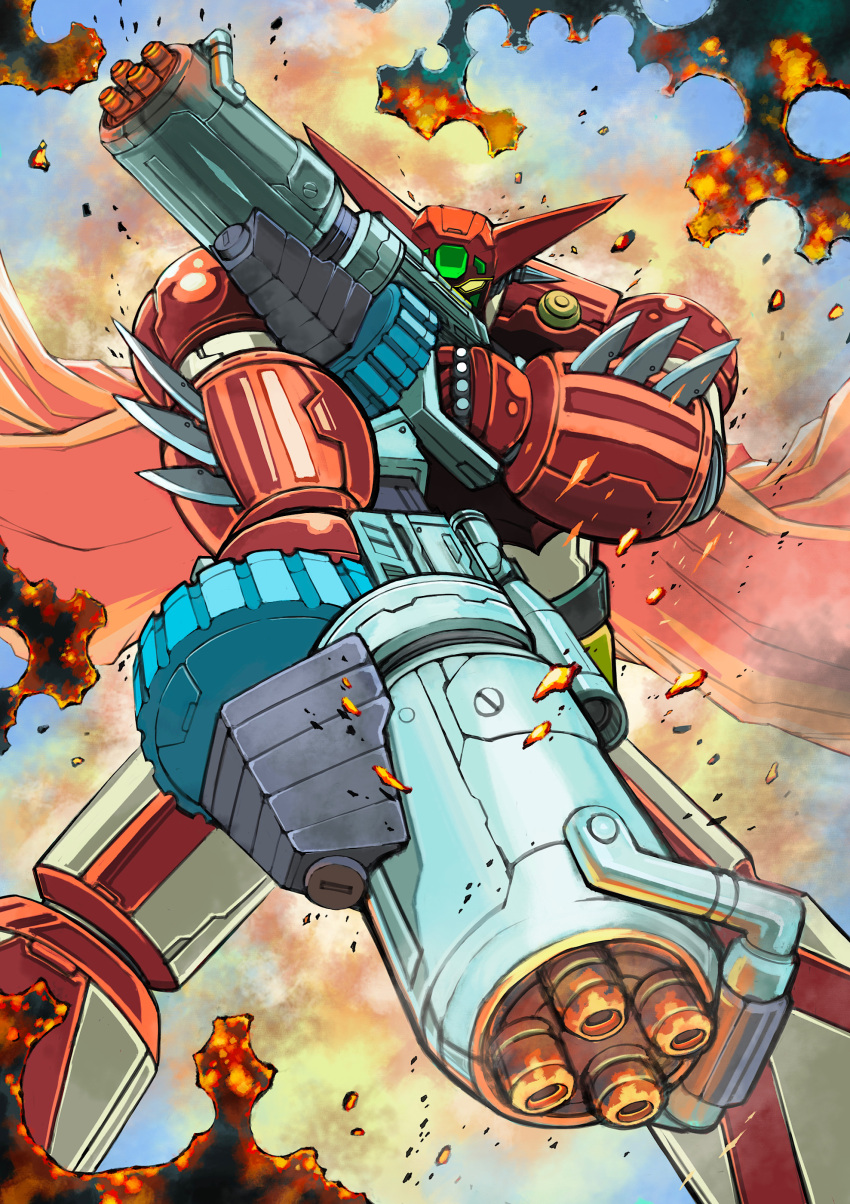 absurdres, bullet_hole, cape, explosion, getter-1, getter_robo, glowing, glowing_eye