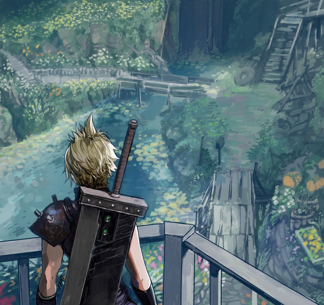 1boy, armor, balcony, black_gloves, blonde_hair, buster_sword, cloud_strife, facing_away