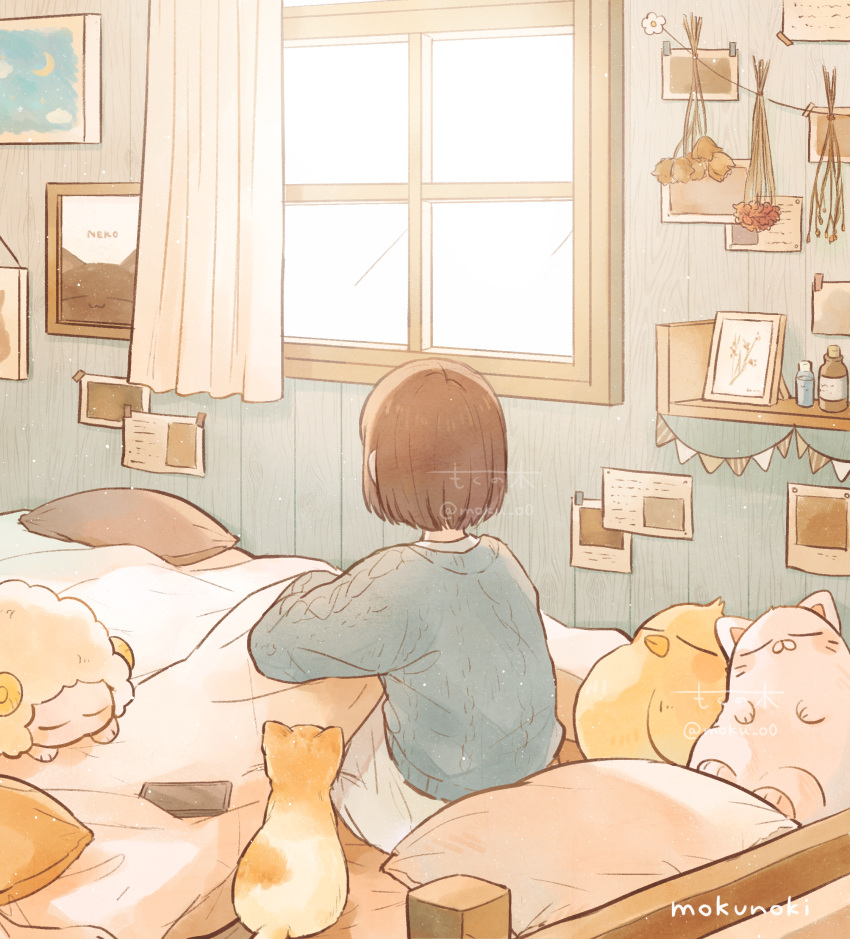 1girl, absurdres, artist_name, bed, bedroom, bird, blanket, blue_sweater, bottle, brown_hair, bunting, cat, cellphone, chick, closed_eyes, covering_with_blanket, curtains, day, dried_flower, flower, from_behind, highres, indoors, lupinus4869, note, on_bed, orange_cat, original, painting_(object), pants, phone, photo_(object), picture_frame, pillow, scenery, sheep, short_hair, sitting, skylight, solo, string, stuffed_animal, stuffed_toy, sweater, white_pants, window