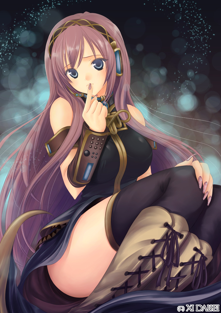 boots, breasts, daisei, finger_to_mouth, headphones, large_breasts, long_hair, megurine_luka