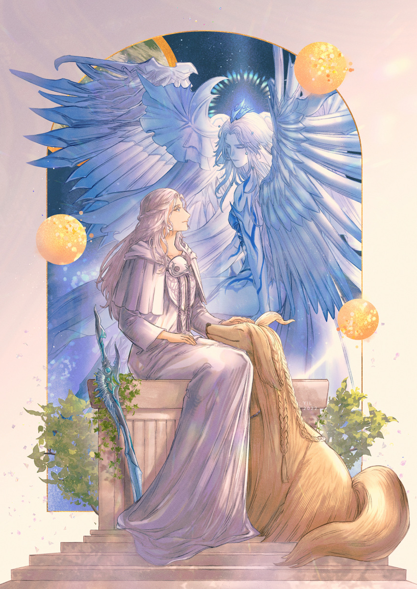 2girls, afghan_hound, argos_(ff14), artist_name, blue_eyes, blue_hair, blue_skin, blue_wings