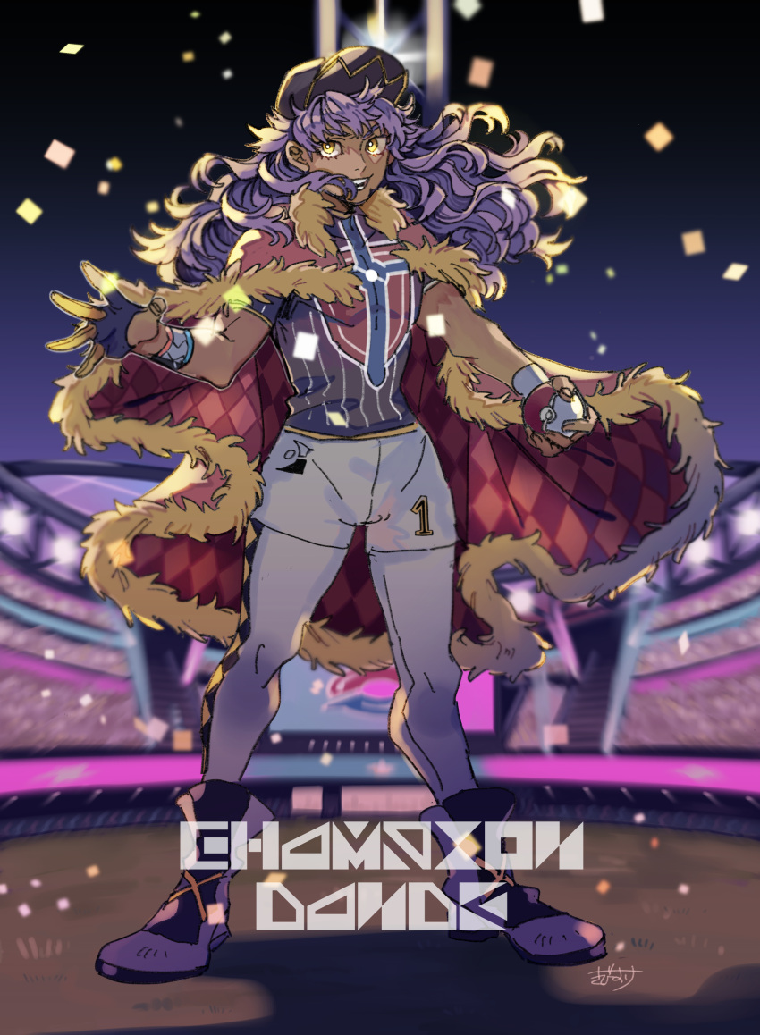 1boy, :d, absurdres, argyle, baseball_cap, cape, champion_uniform, character_name, commentary_request, confetti, dark-skinned_male, dark_skin, dynamax_band, facial_hair, full_body, fur-trimmed_cape, fur_trim, gloves, hat, highres, holding, holding_poke_ball, kibisuke_(bisvv), leggings, legs_apart, leon_(pokemon), long_hair, male_focus, partially_fingerless_gloves, poke_ball, poke_ball_(basic), pokemon, pokemon_(game), pokemon_swsh, purple_hair, red_cape, shirt, shoes, short_shorts, short_sleeves, shorts, single_glove, smile, solo, stadium, standing, teeth, white_shorts, yellow_eyes