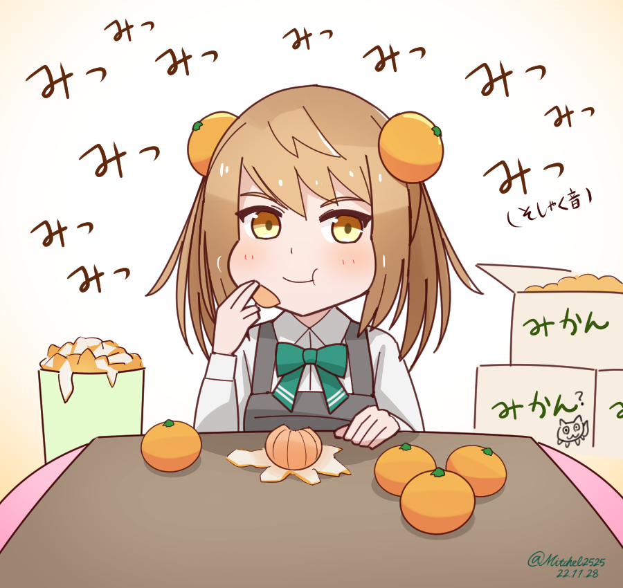 1girl, black_dress, blush, bucket, collared_shirt, double_bun, dress, eating