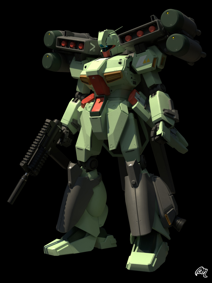 3d, absurdres, assault_rifle, black_background, blender_(medium), english_commentary, gun, gundam