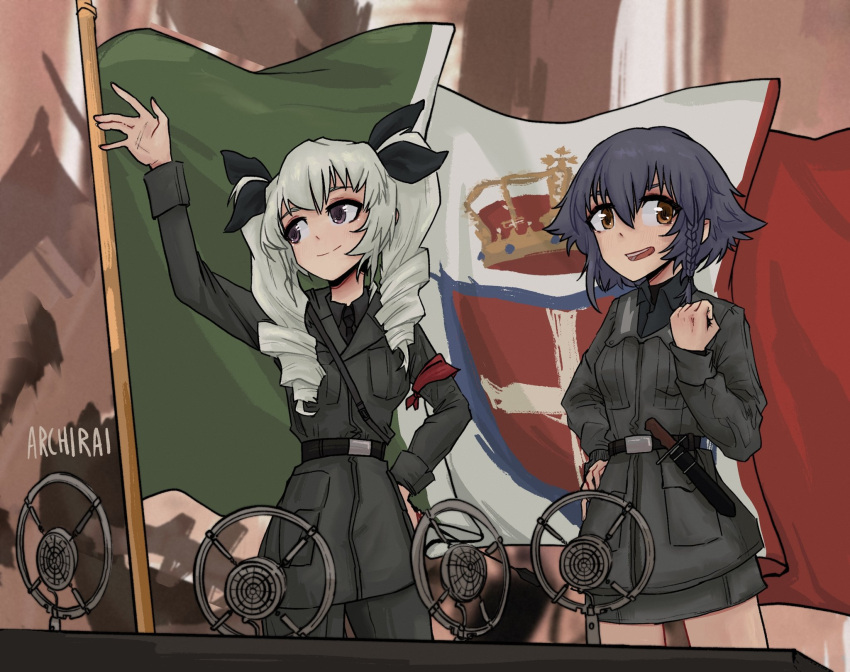 2girls, anchovy_(girls_und_panzer), anzio_military_uniform, archiraiii, braid, combat_knife, drill_hair, girls_und_panzer, green_hair, highres, italian_kingdom_flag, knife, microphone, military, military_uniform, multiple_girls, pepperoni_(girls_und_panzer), signature, smile, twin_braids, uniform, waving, weapon