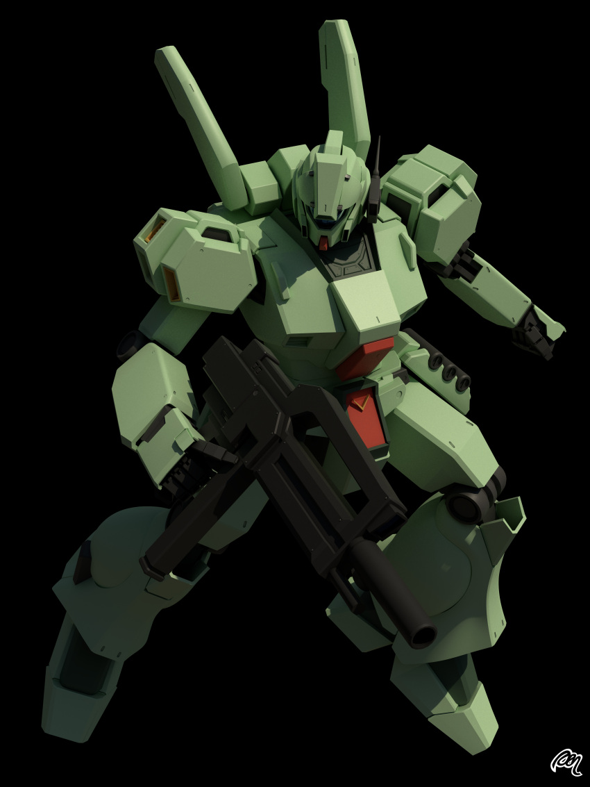 3d, absurdres, assault_rifle, black_background, blender_(medium), english_commentary, gun, gundam