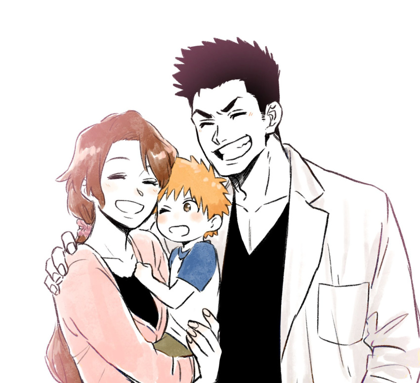 2boys, 2girls, black_hair, black_shirt, bleach, blush, brown_eyes, brown_hair
